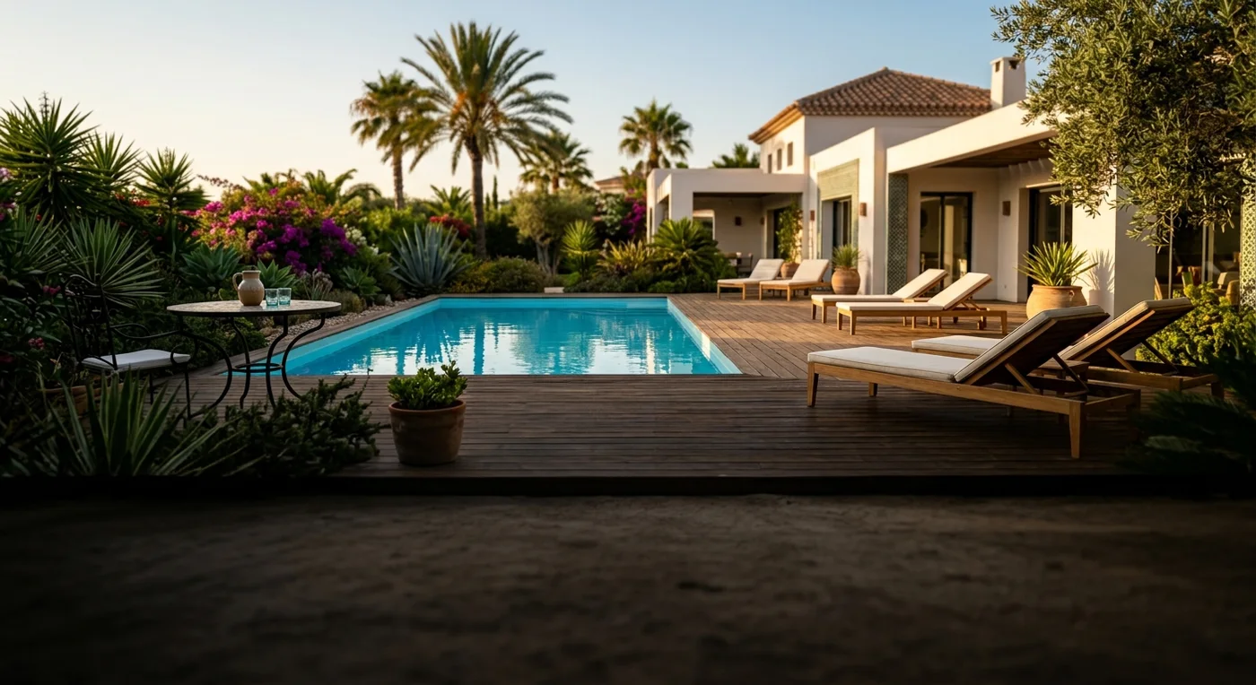 Piscine extérieure bordée d’une terrasse et d’un jardin